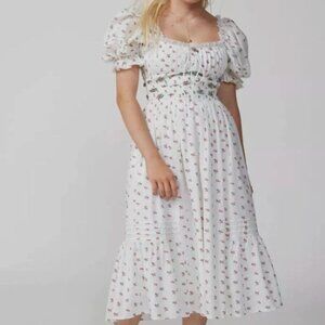 For Love & Lemons Guisti Floral Midi Dress Cottagecore Smocked Lace Trim